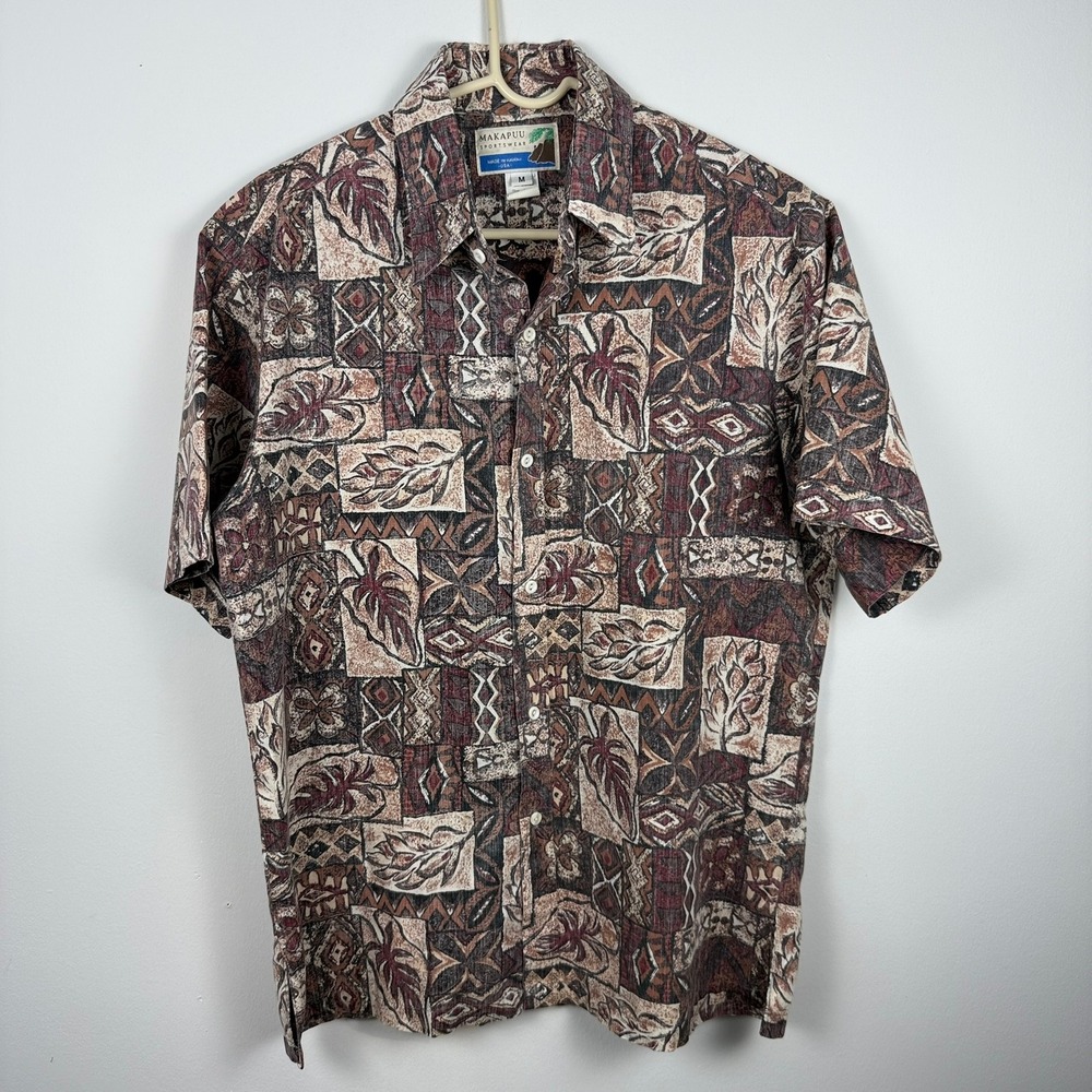 VTG Makapuu Sportswear Mens Medium Aloha Shirt Made in Hawaii Geometric Brown